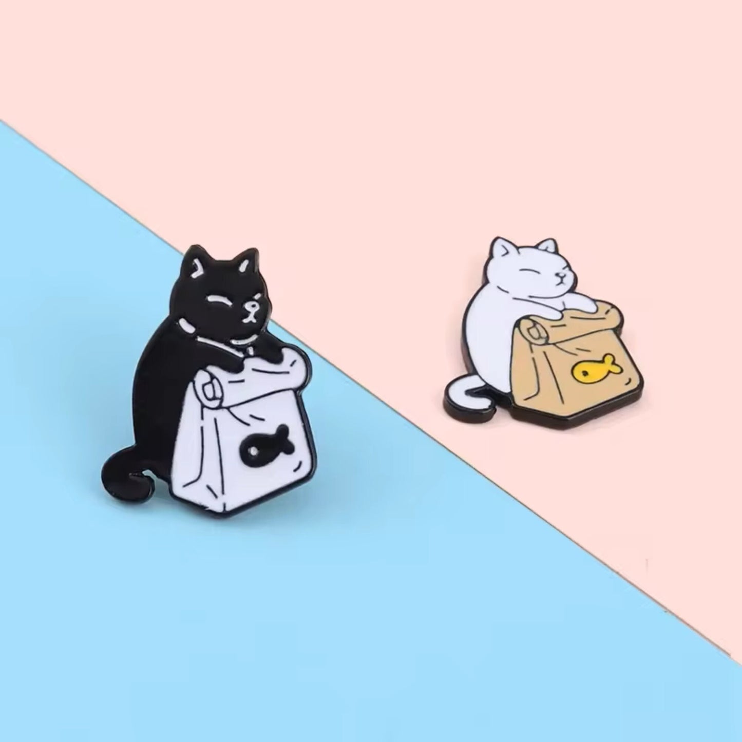 Black & White Cat Pin With Fish Pin Set, Colourful Enamel Pin, Gift for Him, Gift For Her, Lapel Pin, Funny Enamel Pin, Cute Enamel Pin