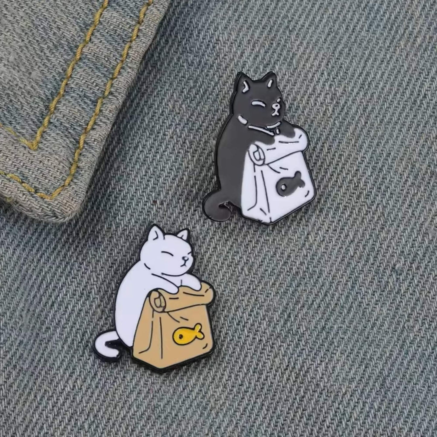 Black & White Cat Pin With Fish Pin Set, Colourful Enamel Pin, Gift for Him, Gift For Her, Lapel Pin, Funny Enamel Pin, Cute Enamel Pin