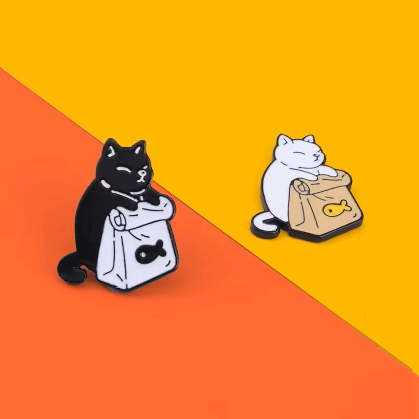 Black & White Cat Pin With Fish Pin Set, Colourful Enamel Pin, Gift for Him, Gift For Her, Lapel Pin, Funny Enamel Pin, Cute Enamel Pin