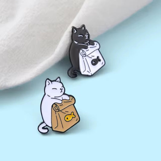 Black & White Cat Pin With Fish Pin Set, Colourful Enamel Pin, Gift for Him, Gift For Her, Lapel Pin, Funny Enamel Pin, Cute Enamel Pin