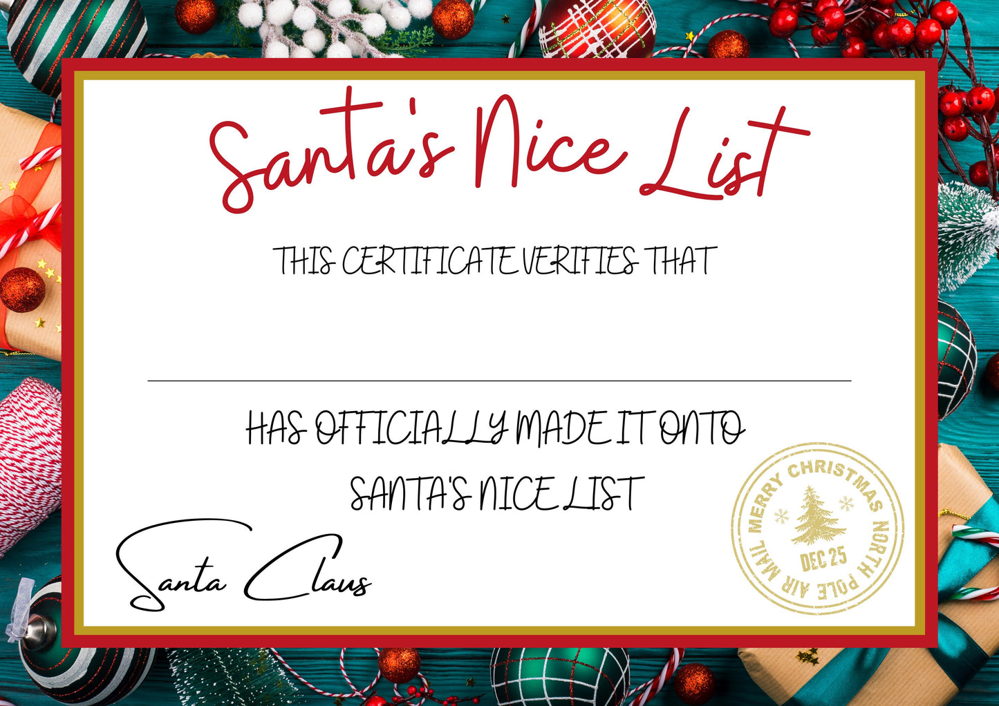 Printable Nice List Certificate * PDF and PNG *